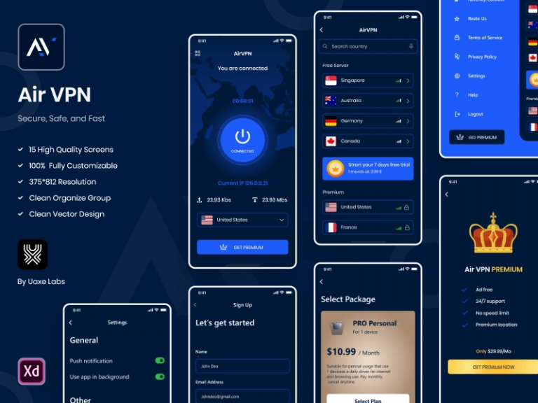 VPN App UI Kit - Free XD Resource | Adobe XD Elements